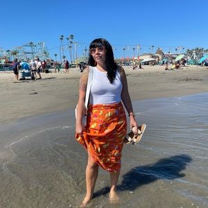 Love Lies Orange Fruit Print Midi Skirt - Large